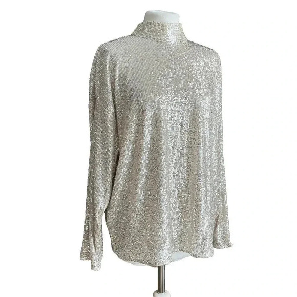H&M Women's Silver Long Sleeves Sequin High Neck Oversized Top Size S/M - Picture 1 of 7